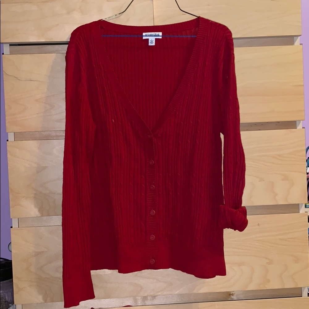 red button down sweater